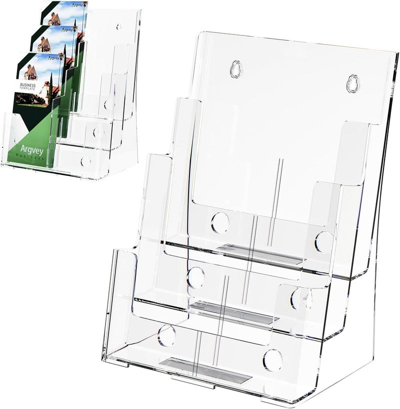 Argvey 2 Pack Acrylic Brochure Holder 8.5 x 11 inches, 3 Tier Clear Brochure Display Stand with Removable Divider for Trifold 4 Inches Wide Pamphlet, Plastic Flyer Holder for Magazine, Literature, Booklet - Image 1